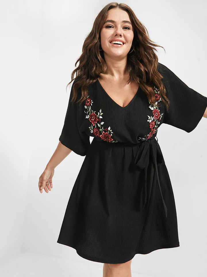BLOOMCHIC EMBROIDERED FLOWERS V-NECK BELTED WAIST DRESS MULTIPLE SIZES