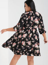 Load image into Gallery viewer, Black Floral Print Ruffle Elastic Waist &amp; V-Neck Midi Dress 3/4 length sleeves

