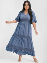 Load image into Gallery viewer, BLOOMCHIC TIERED V-NECK SHORT SLEEVES EYELET LACE DETAIL ROMANTIC DRESS
