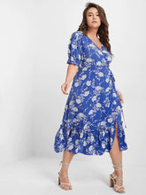 Load image into Gallery viewer, BLOOMCHIC RUFFLED SPLIT HEM WRAP VNECK MIDI DRESS BLUE WITH WHITE FLOWER PRINT
