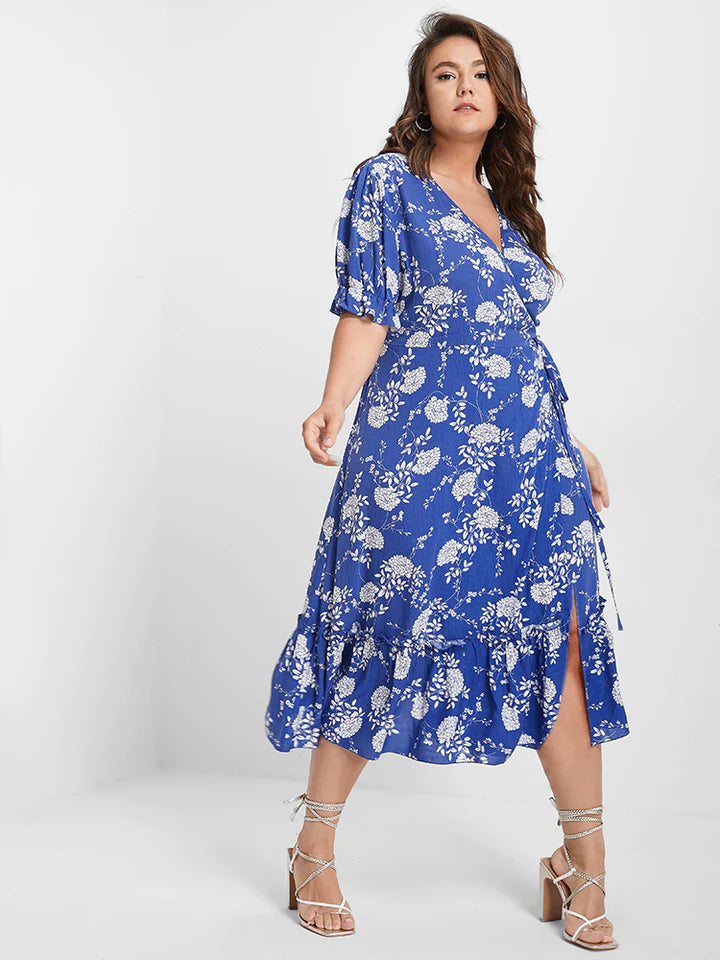 BLOOMCHIC RUFFLED SPLIT HEM WRAP VNECK MIDI DRESS BLUE WITH WHITE FLOWER PRINT