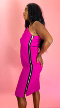 Load image into Gallery viewer, Side view size 16 Haney for 11 Honoré bright fuchsia one-shoulder strapless midi dress with side zipper detail on a size 10/12 model.
