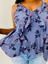 Load image into Gallery viewer, Rebecca Taylor Exclusives Blue Silk Floral Tank Top with Ruffle Details, Size 12
