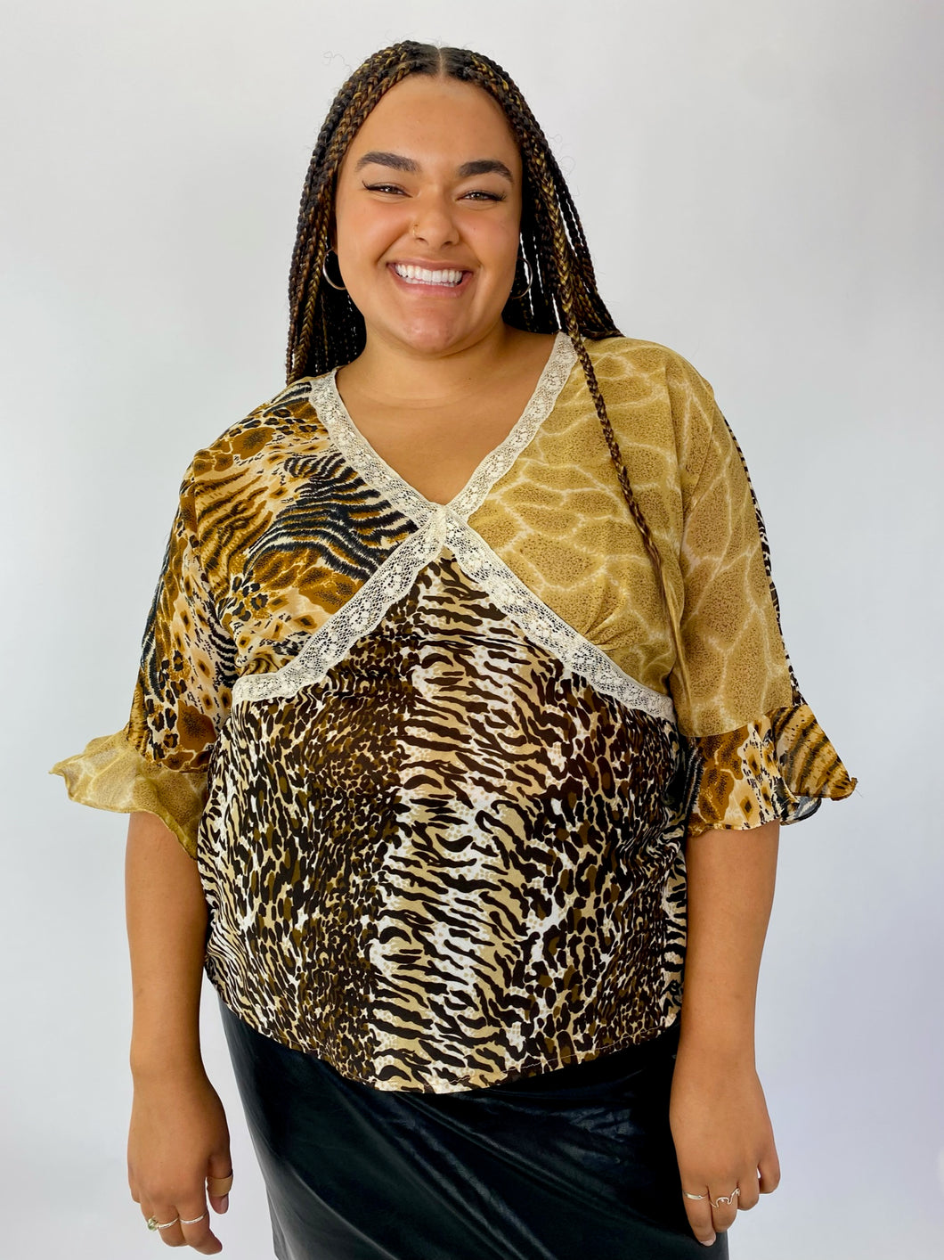 Speed Limit NYC Vintage Brown and Yellow Mixed Animal Print Blouse, Size 3X