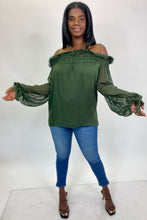 Load image into Gallery viewer, J.C. Obando Off-The-Shoulder Forest Green Blouse with Sheer Puff Sleeves, Size 14
