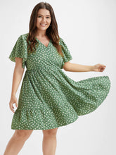 Load image into Gallery viewer, BLOOMCHIC V-NECK DITSY FLORAL RUFFLE HEM FLUTTER SLEEVE GREEN DRESS
