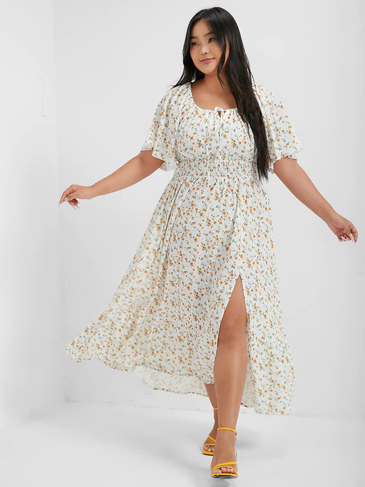 BloomChic Floral Square Neck Dress With Split Front Shirred Waist