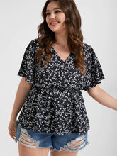 Load image into Gallery viewer, BLOOMCHIC DITSY FLORAL FLUTTER SLEEVE ELASTIC WAIST BLOUSE V NECK MULTIPLE SIZES
