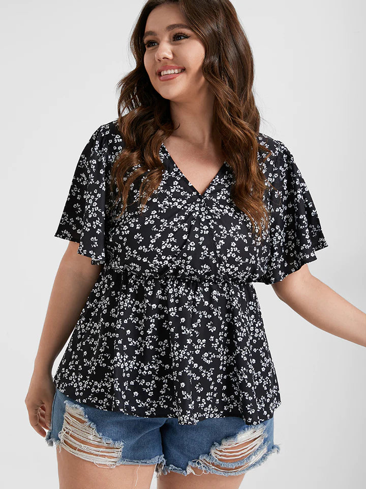 BLOOMCHIC DITSY FLORAL FLUTTER SLEEVE ELASTIC WAIST BLOUSE V NECK MULTIPLE SIZES