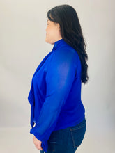Load image into Gallery viewer, J.C. Obando Electric Cobalt Blue Blouse with Sheer Sleeves and Pussybow, Multiple Sizes

