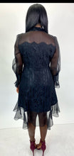 Load image into Gallery viewer, Marchesa Black Lacy Mini Dress with High-Low Sheer Black Mesh Overlay, Ruffle Sleeves, and Collar, Fits Like Size 12
