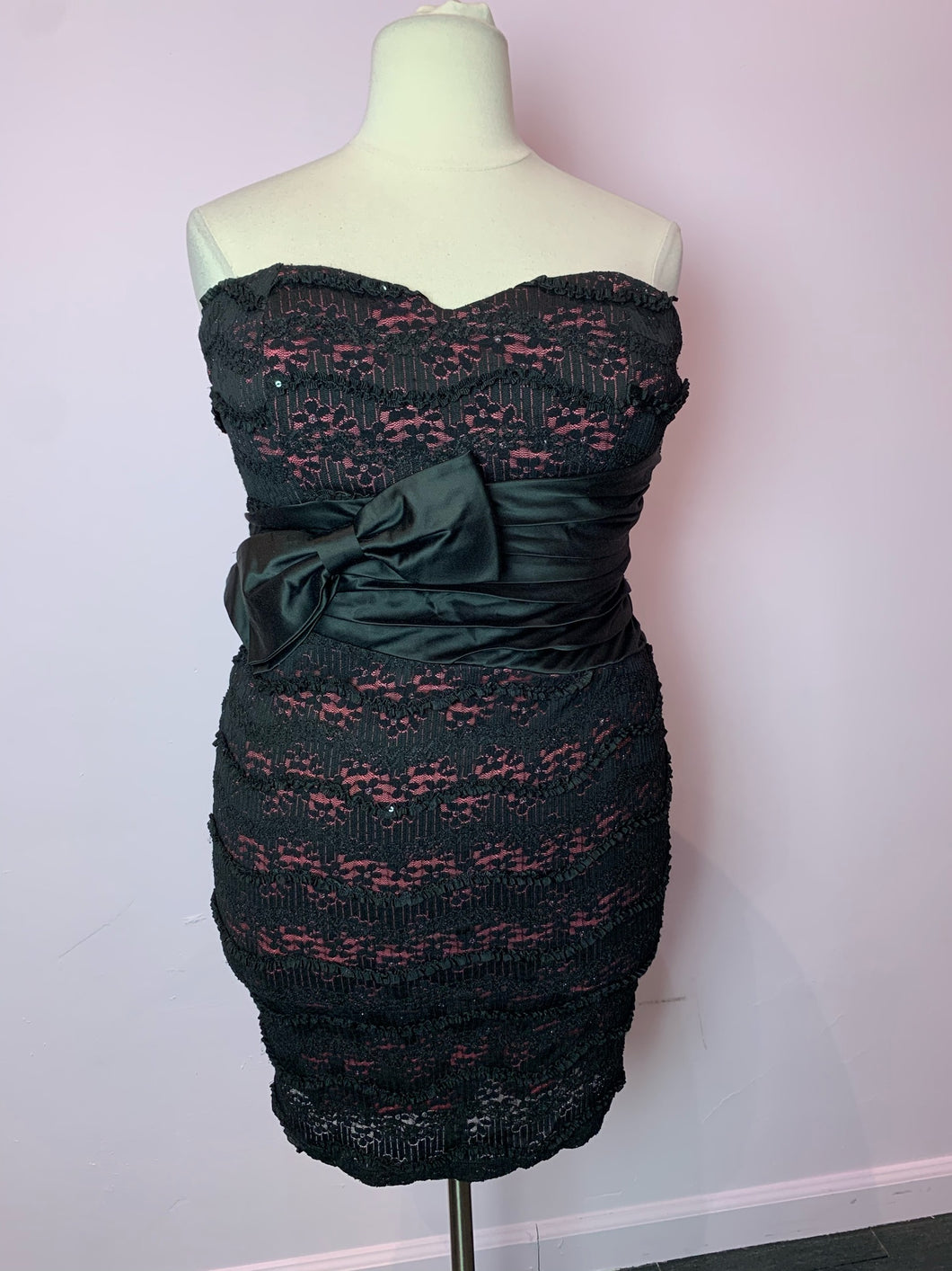 Forever 21 Pink Strapless Dress with Black Lace Overlay and Bow, Size 14