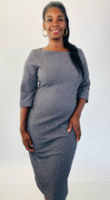 Load image into Gallery viewer, A closer look at A size 16 Michael Kors dark gray and silver metallic textured three-quarter sleeve midi dress on a size 12 model.
