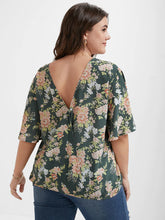 Load image into Gallery viewer, BLOOMCHIC WRAP STYLE V-NECK WITH FLUTTER SLEEVES TEAL FLORAL PLUS BLOUSE
