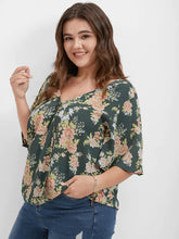 Load image into Gallery viewer, BLOOMCHIC WRAP STYLE V-NECK WITH FLUTTER SLEEVES TEAL FLORAL PLUS BLOUSE
