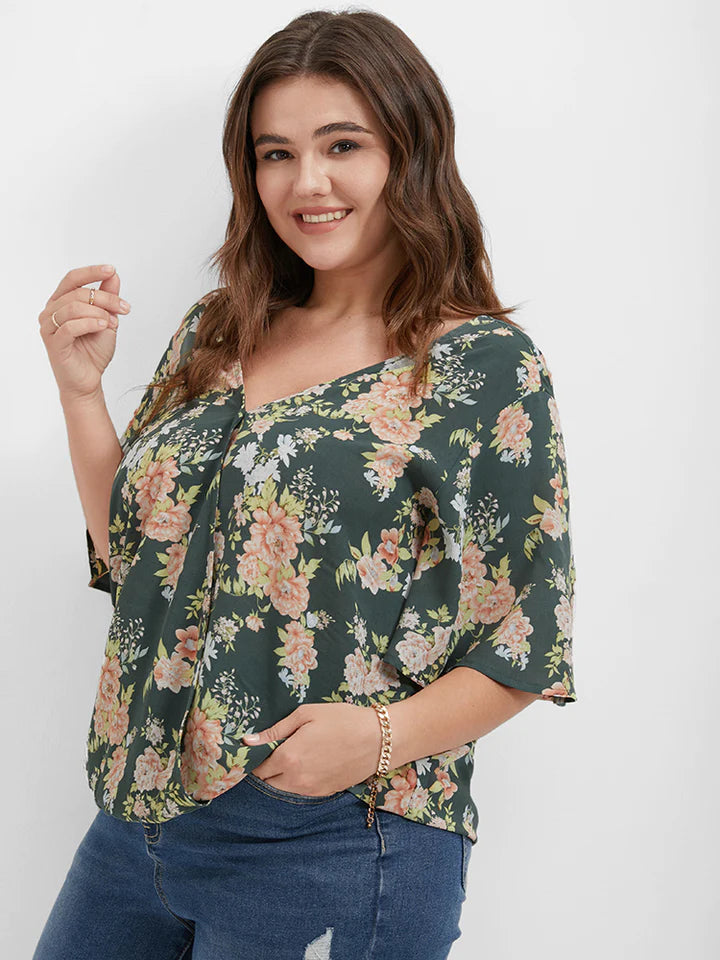 BLOOMCHIC WRAP STYLE V-NECK WITH FLUTTER SLEEVES TEAL FLORAL PLUS BLOUSE
