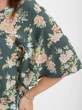 Load image into Gallery viewer, BLOOMCHIC WRAP STYLE V-NECK WITH FLUTTER SLEEVES TEAL FLORAL PLUS BLOUSE
