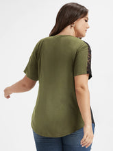 Load image into Gallery viewer, BLOOMCHIC T-SHIRT WITH SOLID BLACK LACE PANEL DETAIL ON SLEEVES PLUS SIZES
