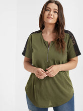 Load image into Gallery viewer, BLOOMCHIC T-SHIRT WITH SOLID BLACK LACE PANEL DETAIL ON SLEEVES PLUS SIZES
