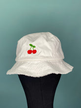 Load image into Gallery viewer, White Fray-Edge Bucket Hat with Embroidered Cherry
