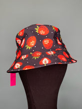 Load image into Gallery viewer, Black Bucket Hat with Red Strawberry Print
