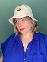 Load image into Gallery viewer, White Fray-Edge Bucket Hat with Embroidered Cherry
