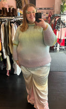 Load image into Gallery viewer, Full-body front view of a size 2X Anthropologie pastel green, blue, and purple ombre mockneck sweater styled with pastel rainbow pants on a size 22/24 model.
