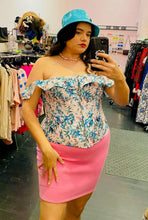 Load image into Gallery viewer, Front view of a size XL Lezé the Label stretchy bubblegum pink mini skirt styled with a blue and pink corset top and a blue bucket hat on a size 14/16 model.
