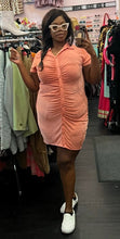 Load image into Gallery viewer, Additional full-body front view of a size XXL Wild Fable coral-orange sheer-leaning ruched front collared button-up midi dress styled with white slip on shows and tan glasses on a size 14/16 model.
