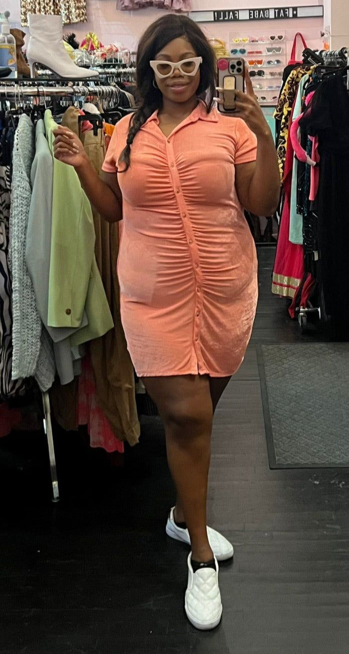 Full-body front view of a size XXL Wild Fable coral-orange sheer-leaning ruched front collared button-up midi dress styled with white slip on shows and tan glasses on a size 14/16 model.