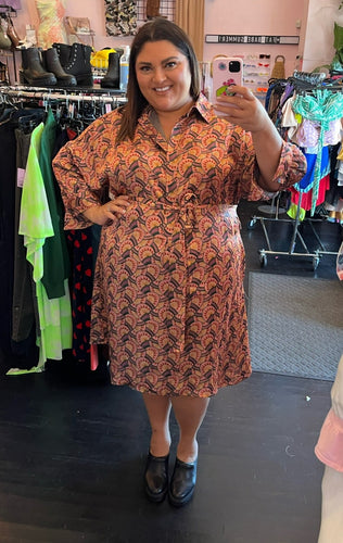 Full-body front view of a size 22W Eva Franco pink, maroon, orange, and green geometric print collared midi dress styled with black mules on a size 18/20 model.