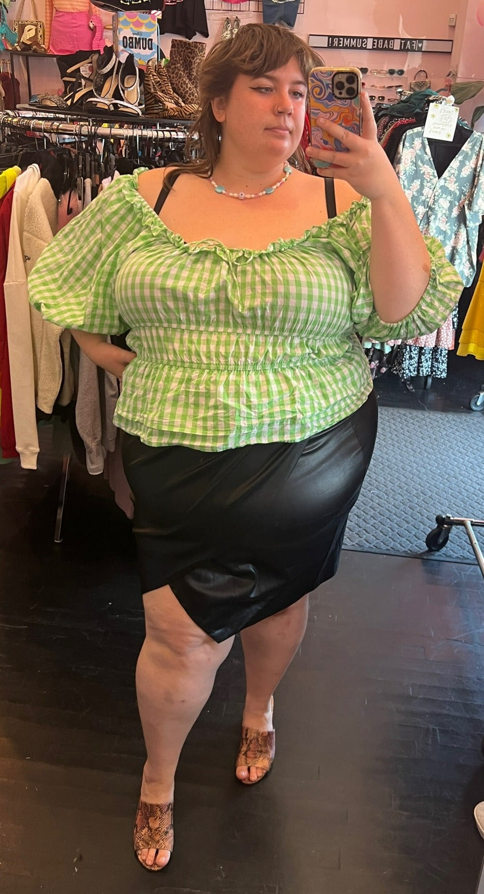 Who What Wear Green and White Gingham Plaid Off-Shoulder Puff Sleeve Blouse, Size XXL