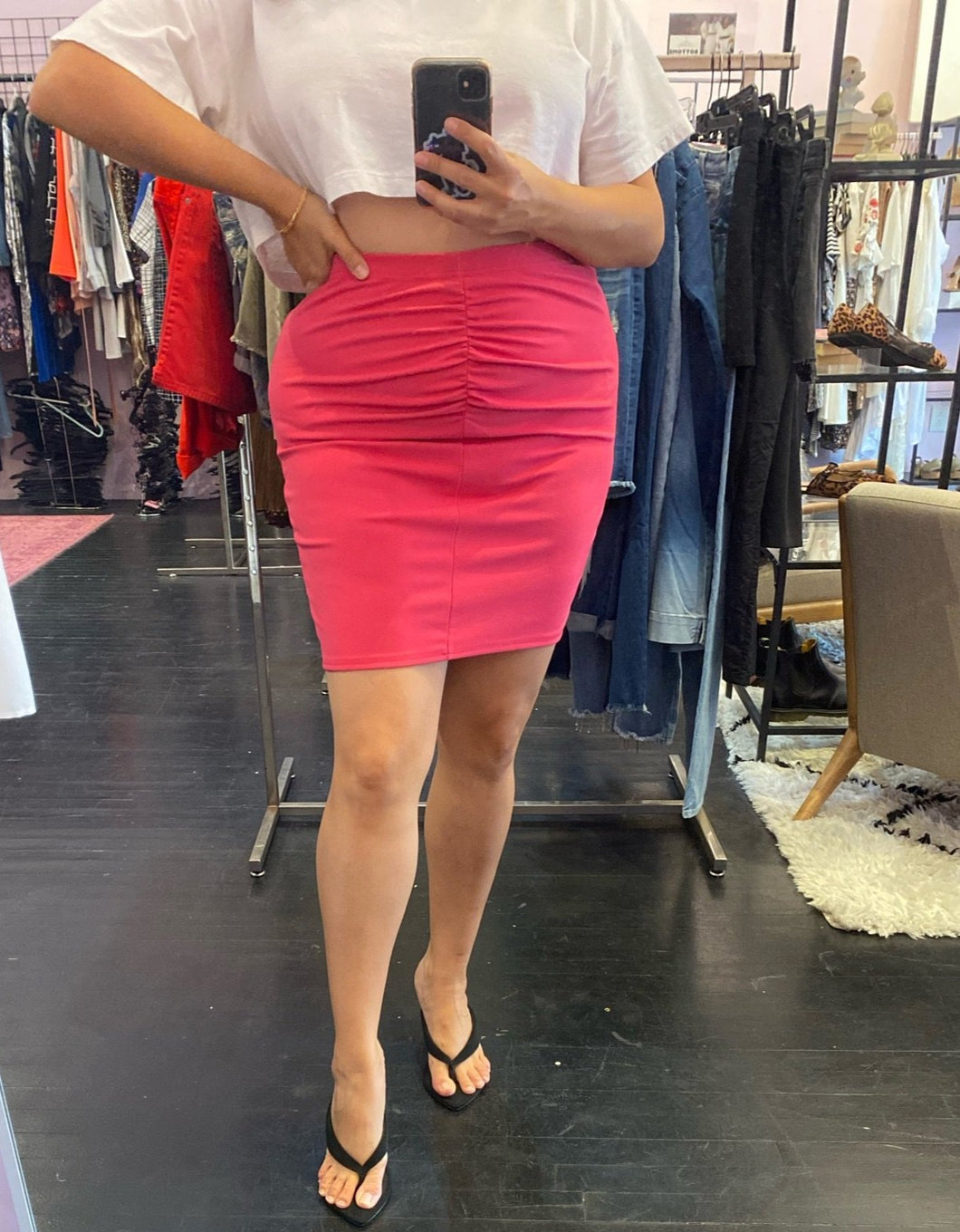 Boohoo Hot Pink Ruched Bodycon Skirt, Size 16