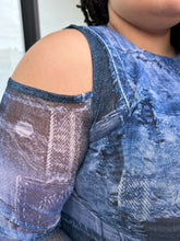Load image into Gallery viewer, Close up on the cold shoulder and sheer sleeve details of this size 16 Pretty Little Thing denim patchwork pattern mesh bodycon maxi dress with cold shoulders and sheer sleeves.

