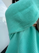 Load image into Gallery viewer, Close up on the thick knit of a size 18 ASOS cyan teal thick knit mockneck oversized sweater on a size 22/24 model.
