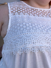 Load image into Gallery viewer, Close up detail shot of the crochet lace detail at the top of this size 3X Tru Self lightweight white tank top on a size 22/24 model.
