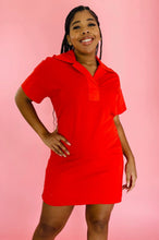 Load image into Gallery viewer, Front view of a size L Everlane bright red 100% orangic cotton shortsleeve mini dress with collar detail on a size 14 model.
