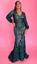 Load image into Gallery viewer, Full-body front view of a size 12/14 Melissa Mercedes emerald green intricate mesh, beading, and sequined floor-length gown on a size 14 model.
