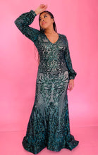 Load image into Gallery viewer, Additional full-body front view of a size 12/14 Melissa Mercedes emerald green intricate mesh, beading, and sequined floor-length gown on a size 14 model.
