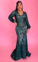 Load image into Gallery viewer, Additional full-body front view of a size 12/14 Melissa Mercedes emerald green intricate mesh, beading, and sequined floor-length gown on a size 14 model.
