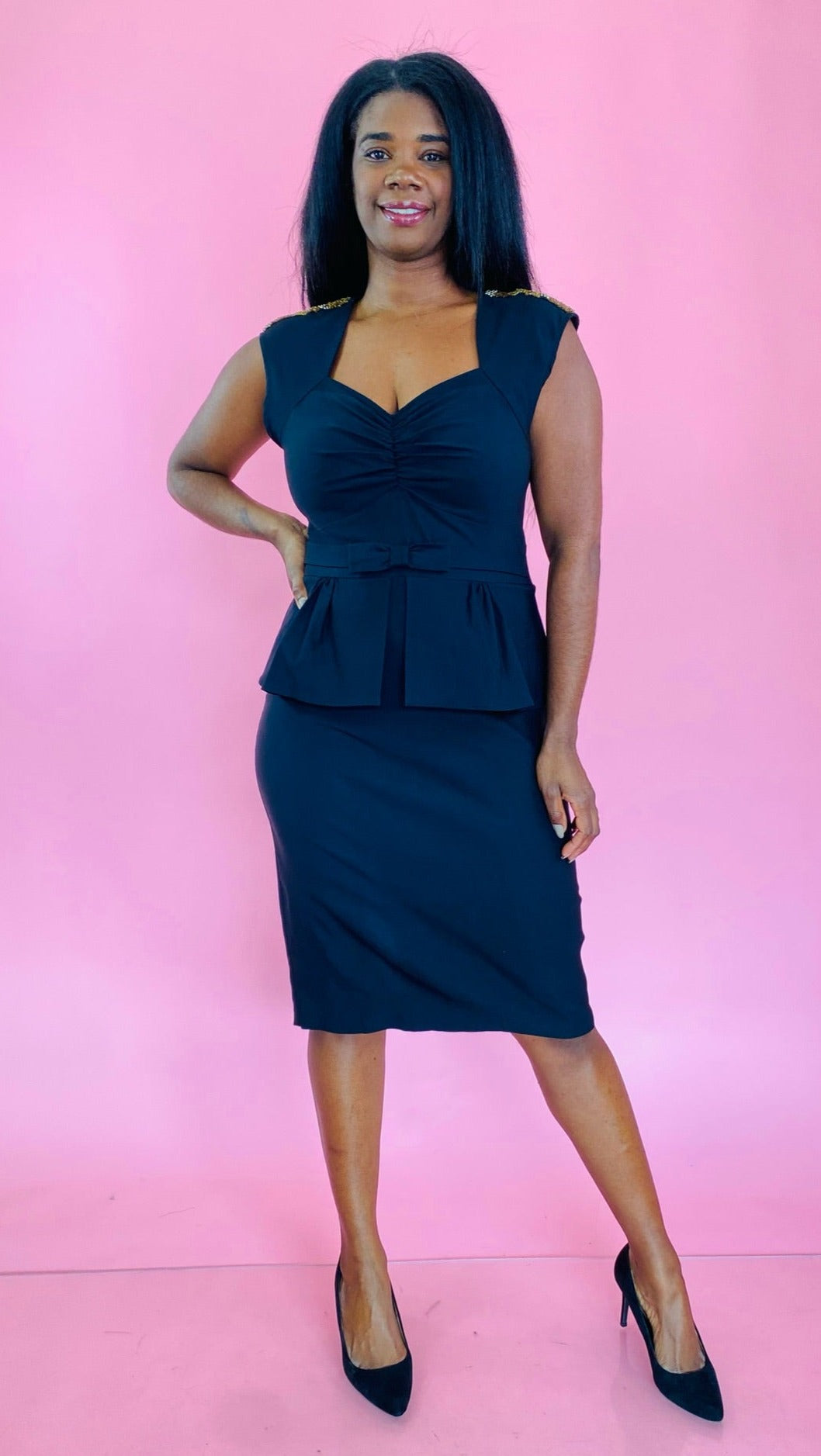 Stop Staring Black Peplum Midi Dress with Square-Sweetheart Neckline, – The  Plus Bus Boutique