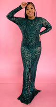 Load image into Gallery viewer, Additional full-body front view of a size 12/14 Melissa Mercedes emerald green body-hugging floor-length gown with intricate mesh, bead, and sequin work all throughout and a slit at the back on a size 14 model.
