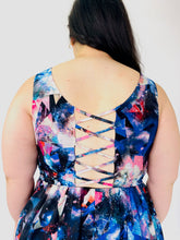 Load image into Gallery viewer, Forever 21 Black, Blue, Pink, and White Geometric Galaxy Print Mini Dress with Criss-Cross Detail, Size 1X
