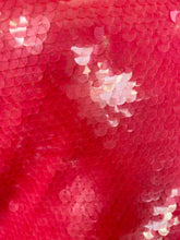 Load image into Gallery viewer, Close up detail shot of the big big sequins on this grapefruit pink colored size 14 Dima Ayaad v-neck gown. The photo is taken inside under studio lighting.

