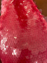 Load image into Gallery viewer, Close up detail shot of the big big sequins on the bust of this grapefruit pink colored size 14 Dima Ayaad v-neck gown. The photo is taken inside under studio lighting.
