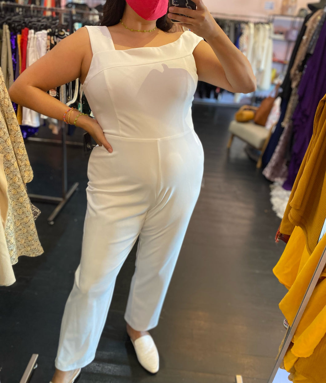 Adrianna Papell White Asymmetrical Shoulder Jumpsuit, Size 18