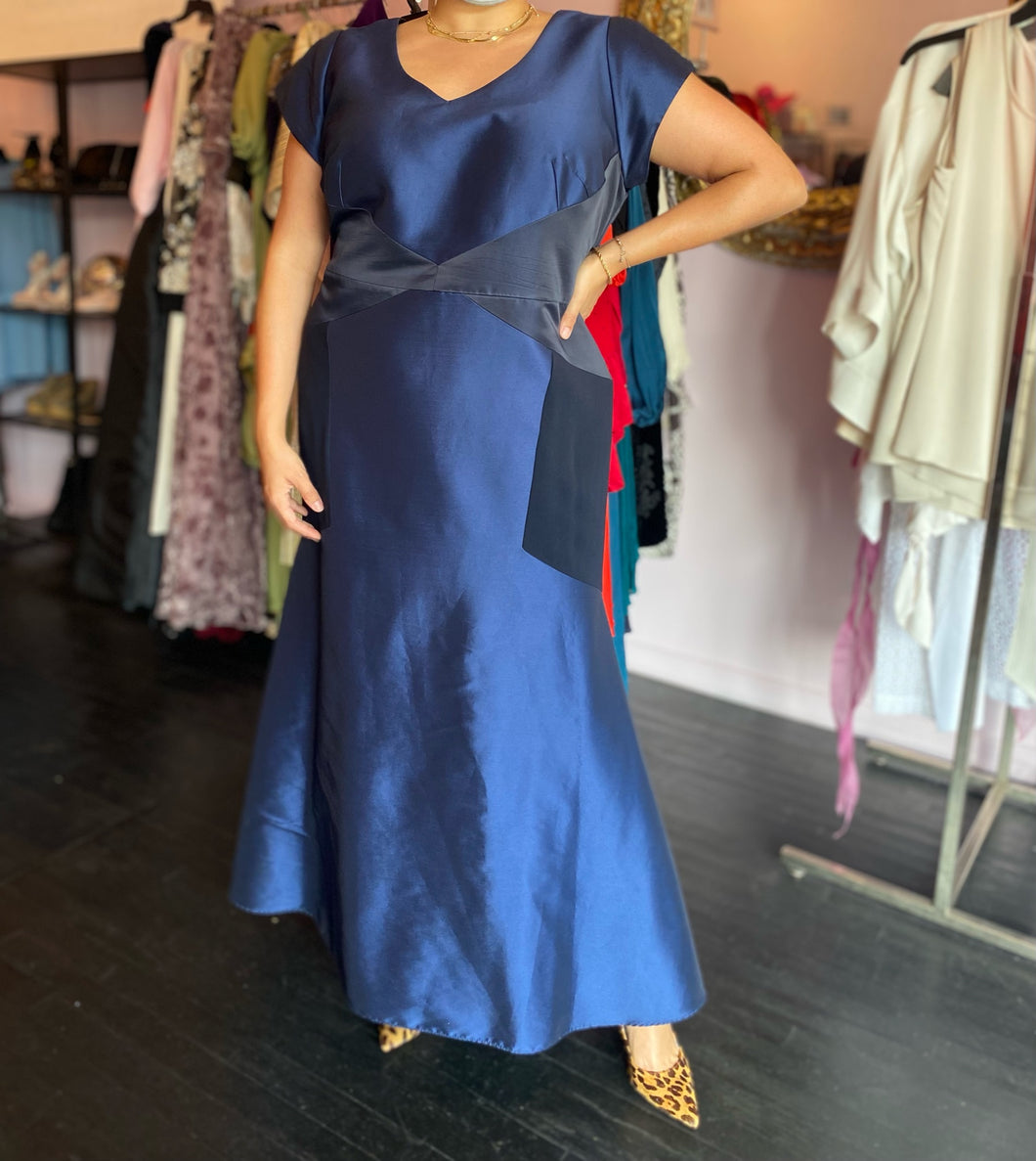 Theia Deep Navy Blue Gown with Blue Geometric Details, Size 20