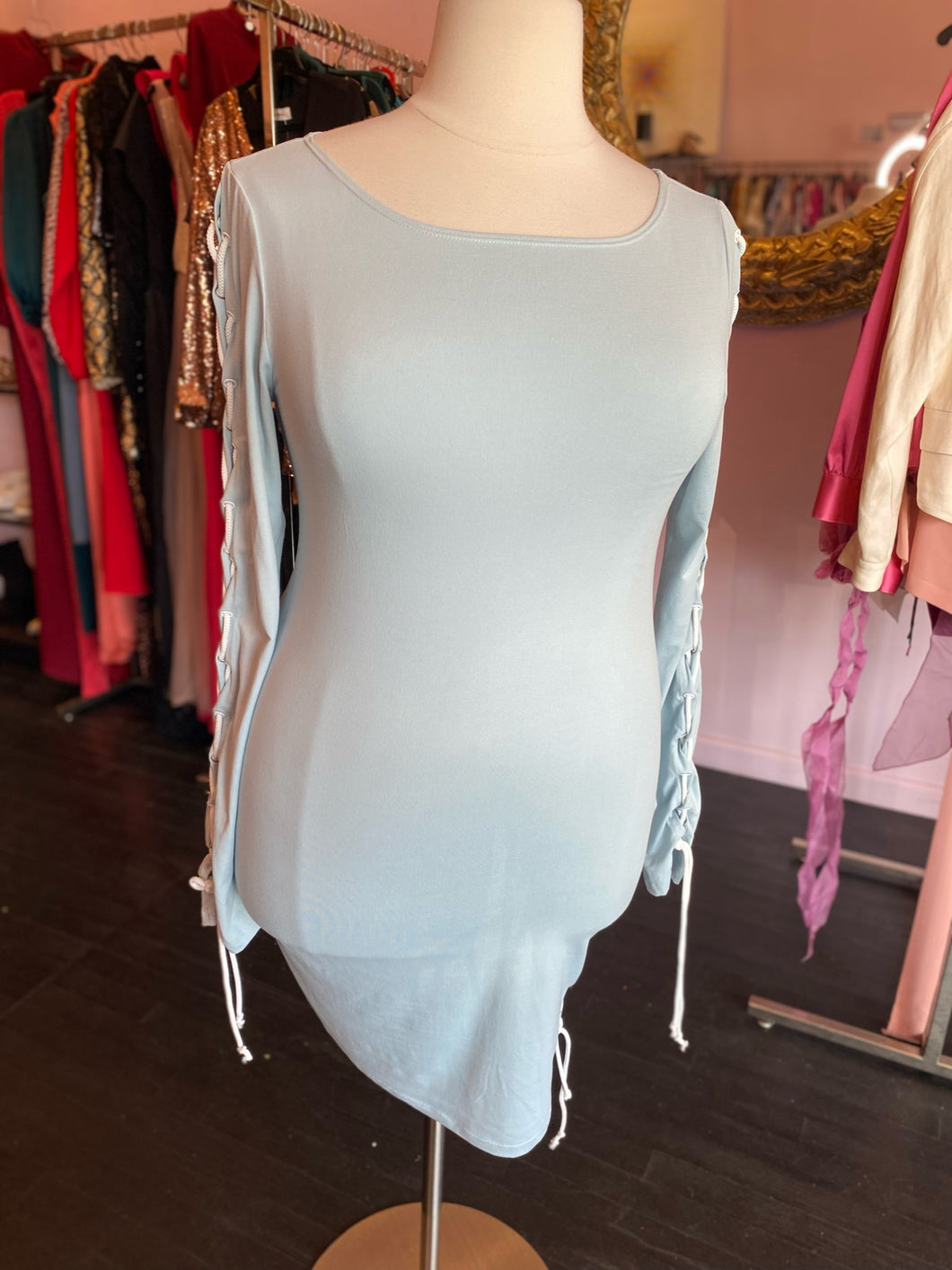 Nadia Aboulhosn Baby Blue Bodycon Mini Dress with Shoelace Detail Sleeves, Size 1X