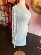 Load image into Gallery viewer, Nadia Aboulhosn Baby Blue Bodycon Mini Dress with Shoelace Detail Sleeves, Size 1X
