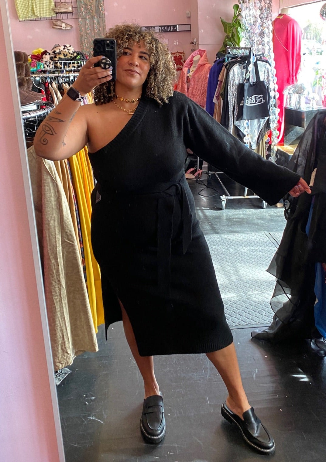 Eloquii Black One Shoulder Bell Sleeve Sweater Dress with Waist Tie S The Plus Bus Boutique